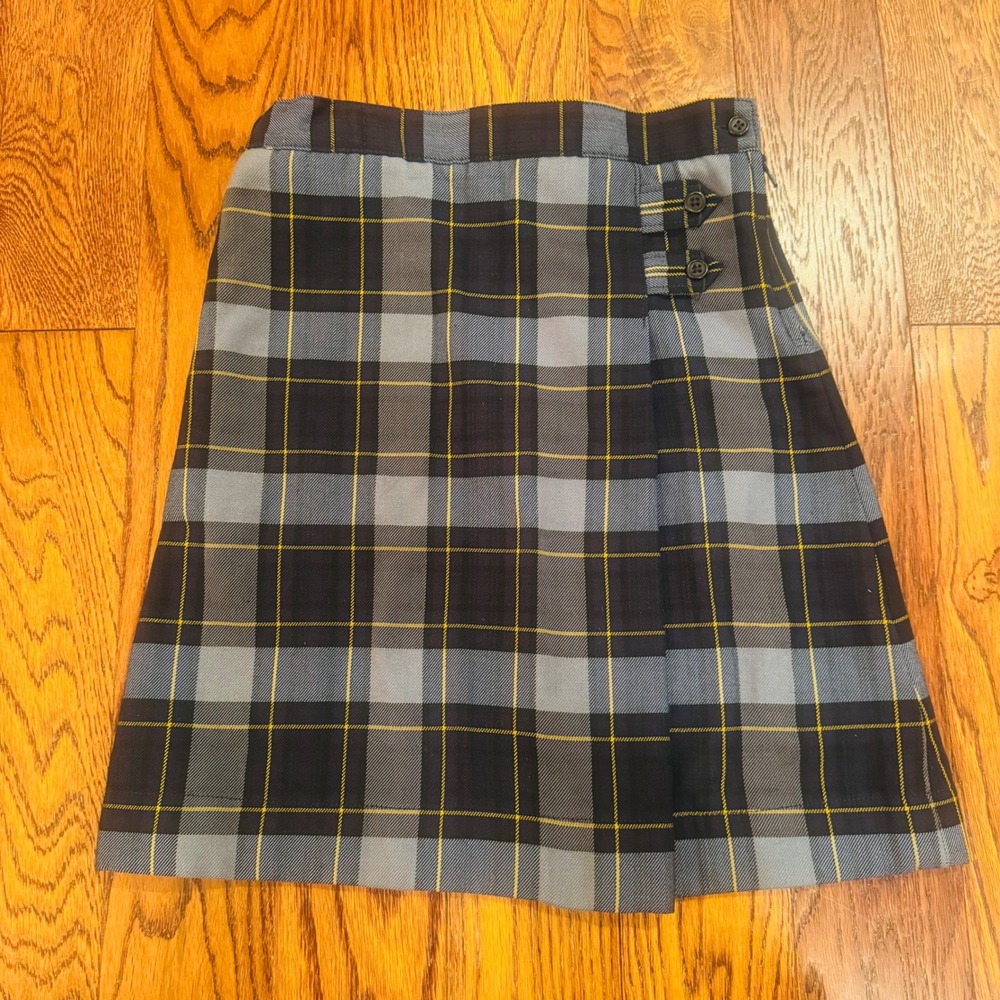 Lands End Girls Blue Yellow Plaid School Uniform Kilt Skirt Size 8S Adjustable